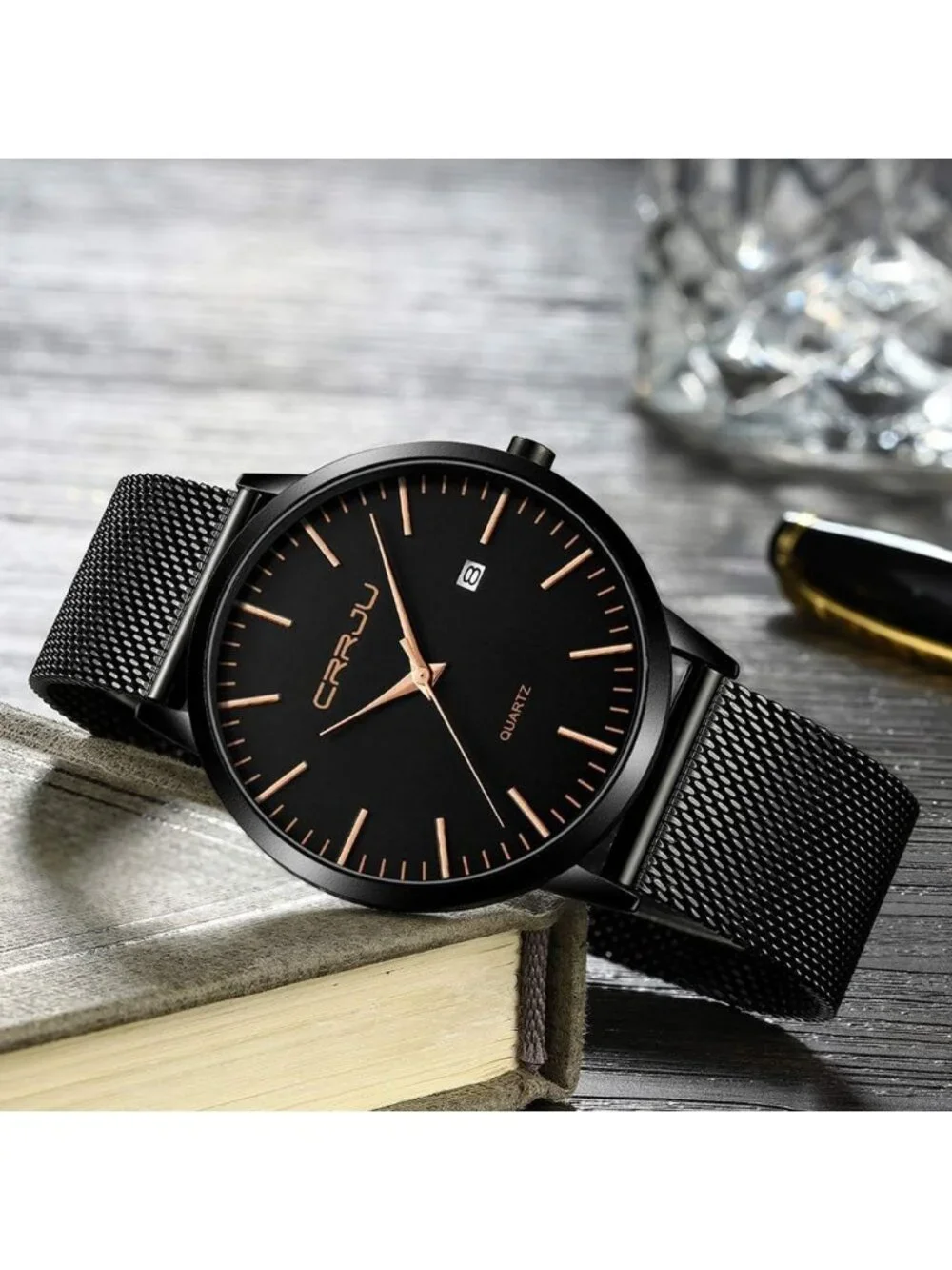 Men's Black Rose Minimalist Luxury Quartz Stainless Steel Band Wrist Watch